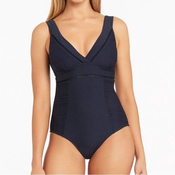 Sea Level Blue One Piece Swimsuit Deep V-neckline and Wide Shoulder Straps - Picture 1 of 9